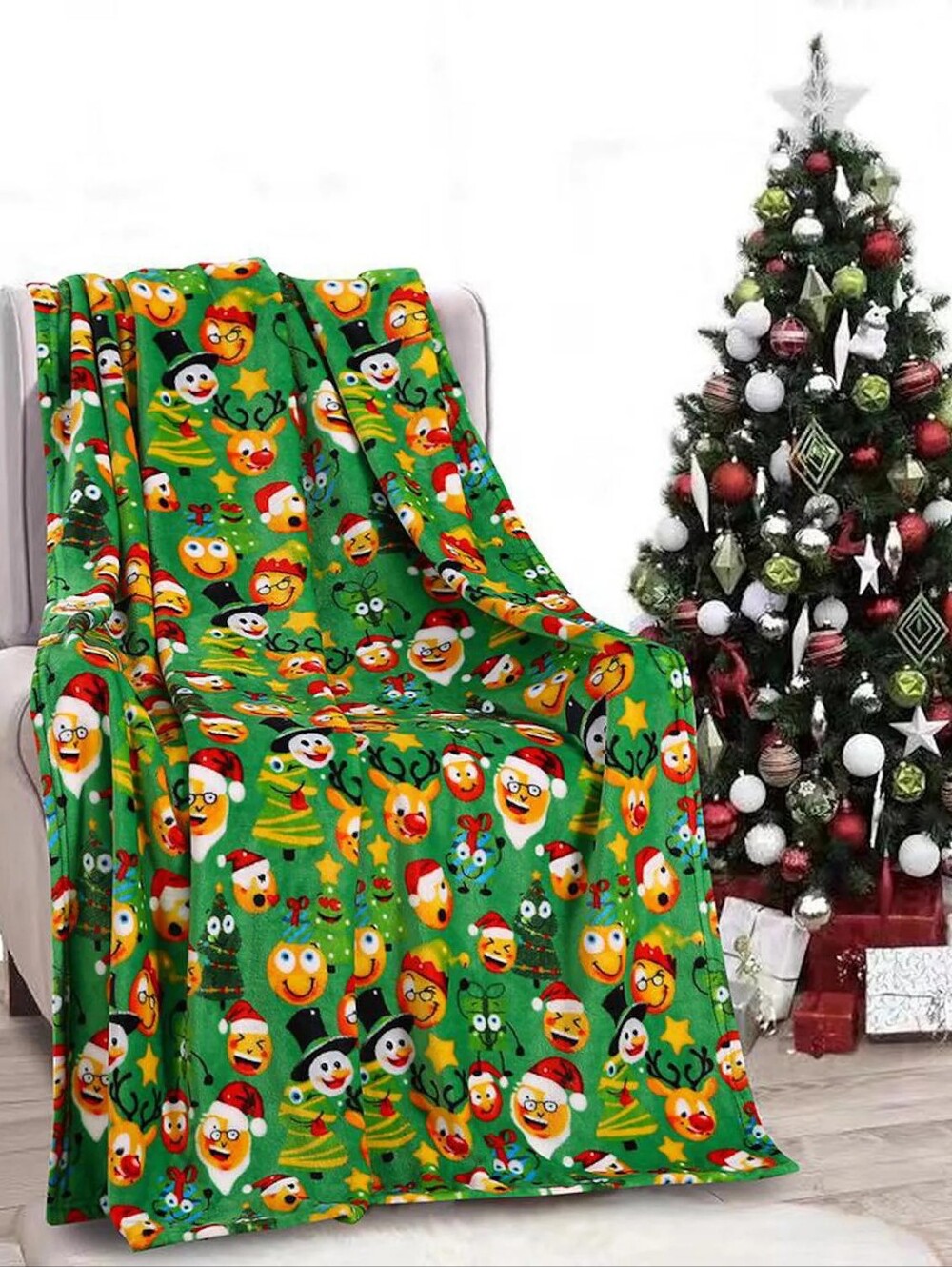 Christmas Green Funny Faces Plush Throw Blanket